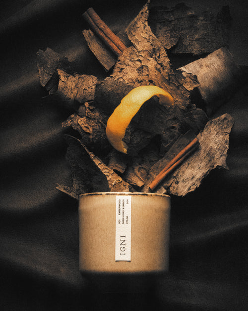 IGNI Emberwood Dark Honey & Umber luxury scented candle in a beige ceramic vessel, styled with layered wood bark, cinnamon sticks, citrus peel, and dark moody textures.
